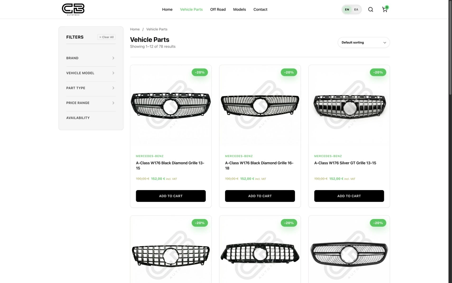 CB AutoTech product catalogue with categories and vehicle-parts listings