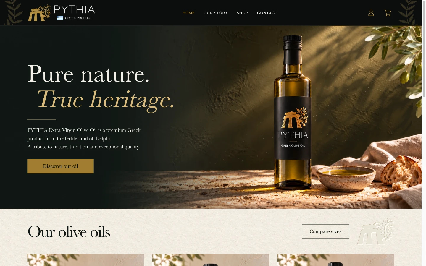 PYTHIA olive-oil website with a sunlit bottle and gold typography