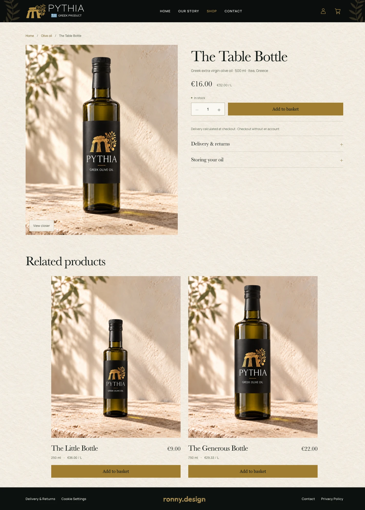 PYTHIA Table Bottle product page with large bottle imagery, product details, quantity control and related bottles below