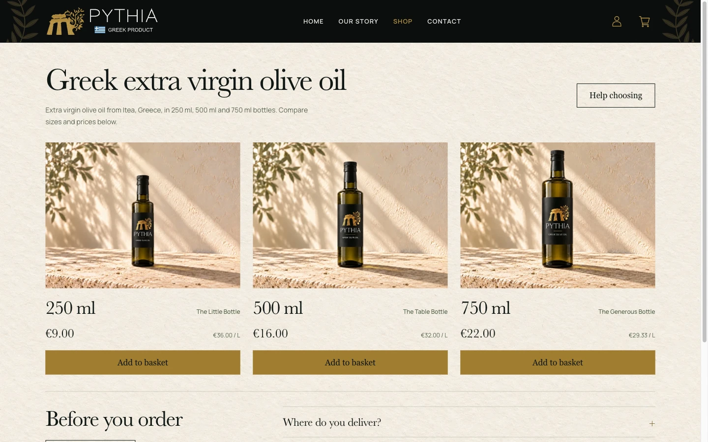 PYTHIA shop showing three olive oil bottles with prominent 250 ml, 500 ml and 750 ml size labels