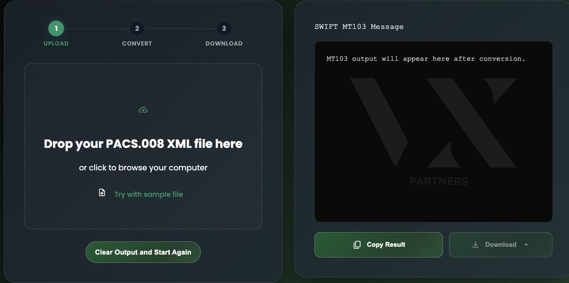 VX Partners converter interface with XML upload and an empty text output area