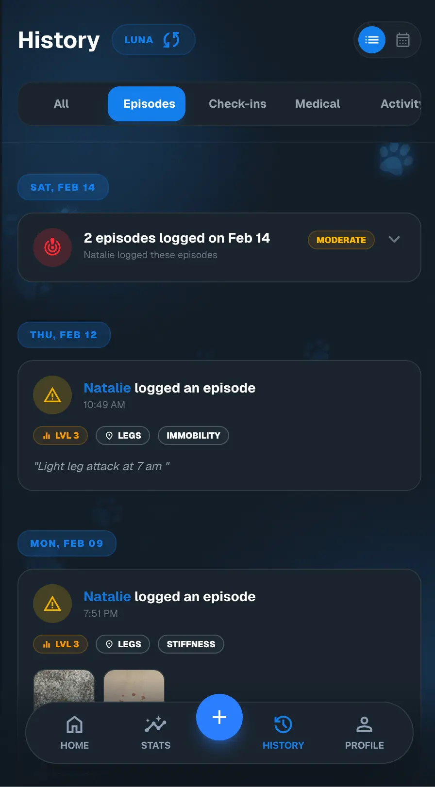 TobyCare history page screenshot